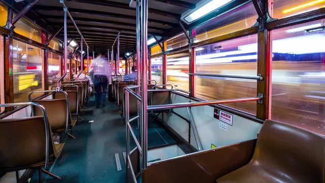 Hong Kong island, Hong Kong, 19 June 2017 -: Time lapse of inside tram in Hong Kong at night