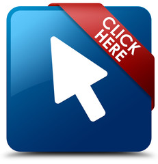 Click here blue square button red ribbon in corner