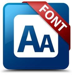 Font blue square button red ribbon in corner