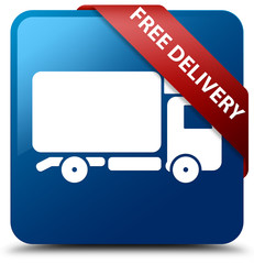 Free delivery blue square button red ribbon in corner