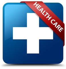Health care (plus sign) blue square button red ribbon in corner