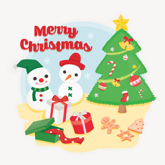 Fototapeta na wymiar Christmas card with Snowman and christmas decoration stuff