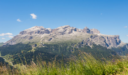 Great landscape on the Dolomites. View on Sella group and Boè peak. Alta Badia, Sud Tirol, Italy