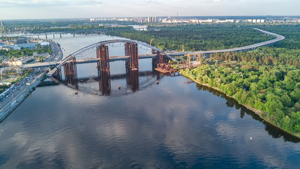 Aerial top view of Dnepr river and Truchaniv island from above, Kiev city, Ukraine
