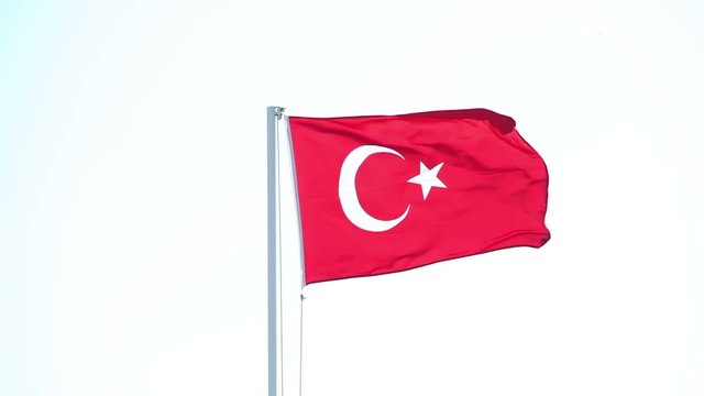 Turkish flag waving in blue sky, Flag of Turkey in the wind