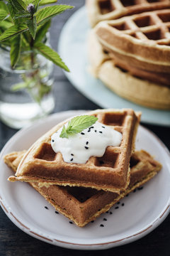 Food: Savoury Chickpea Waffles with lemon mint yogurt and black cumin