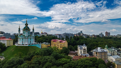 Aerial top view of Saint Andrew's church from above, Podol district, city of Kiev (Kyiv), Ukraine
