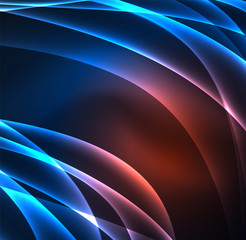 Energy lines, glowing waves in the dark, vector abstract background
