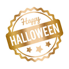 Obraz premium Happy Halloween rubber stamp gold on white background.