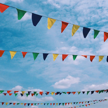 Festive flags at a fair in the summer
