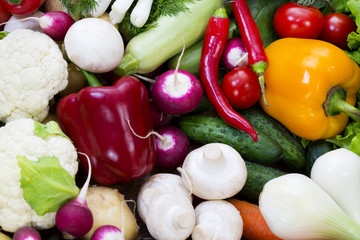 Fresh vegetables tomatoes cucumber squash and greens background close-up