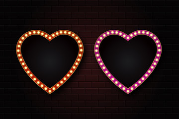 Vector set of isolated realistic heart neon sign billboards on the wall background. Template for vintage decoration and signboard.
