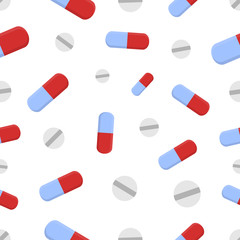 Vector cartoon seamless pattern with medical pills for gift wrapping paper, covering and branding on the white background. Concept of healthcare and medicine.