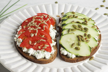 Tomato and cucumber healthy cottage cheese rye bruschetta 