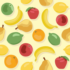 Seamless pattern of fruits on yellow background. Apples, bananas, pears, lemons and orange in the form of a seamless texture