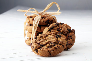 Chocolate cookies on white background. Chocolate chip cookies shot