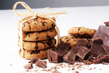 Chocolate cookies on white background. Chocolate chip cookies shot