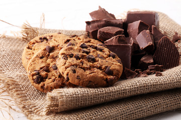 Chocolate cookies on white background. Chocolate chip cookies shot