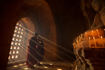 Two novice monks in the pagoda Bagan Mandalay Myanmar