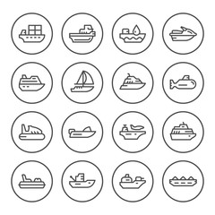 Set round line icons of water transport