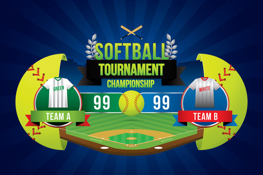 Vector of softball tournament championship with team competition and scoreboard.