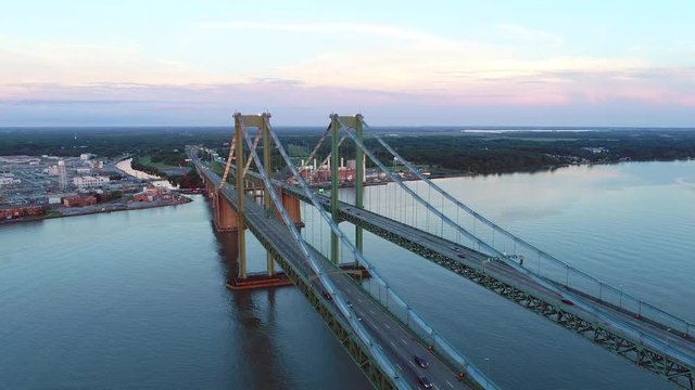 Aerial Delaware Memorial Bridge at dusk 4k