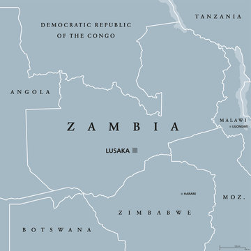Zambia political map with capital Lusaka, international borders and neighbors. Republic and landlocked country in Southern Africa. Former Northern Rhodesia. Gray illustration. English labeling. Vector