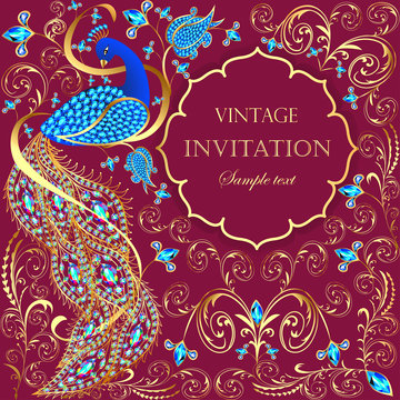 illustration background with peacock with gold ornament and precious stones