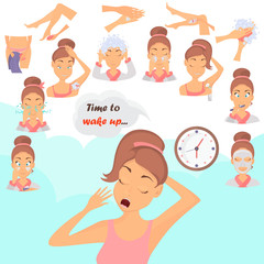 Morning girl hygiene color flat icons set. Girl awakening illustration for web and mobile design