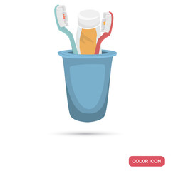 Toothbrush and toothpaste in a glass color flat icon for web and mobile design