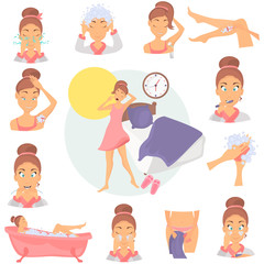 Morning girl hygiene color flat icons set. Girl awakening illustration for web and mobile design