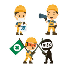 Set of Character Constructor worker in various situations. Vector illustration