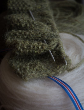 Traditional Icelandic knitting from sheep's wool with national flag