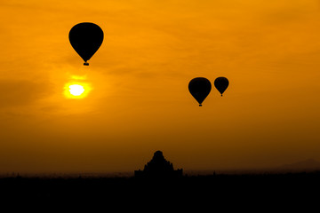 Myanmar Sunrise silhouette balloon air in Bagan mandalay Burma