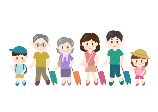 旅行に出かける家族のイラスト: 夏服の家族