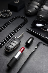 Woman accessories in business style, red lipstick, gadgets, jewelry, car key, sunglasses, shoes,...