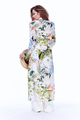 Romantic sexy beautiful lady pretty woman brunette hair wear long silk dress mantle pants blouse summer accessory sun protected hat fashion model studio white background clothes style date walk party.