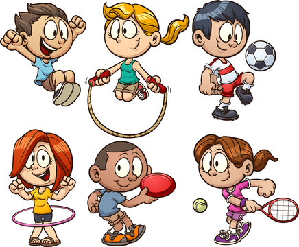 Cartoon kids playing. Vector clip art illustration with simple gradients. Each on a separate layers.