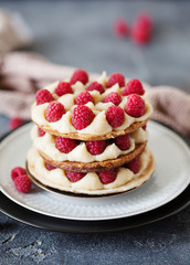 Millefeuille with vanilla cream and raspberry