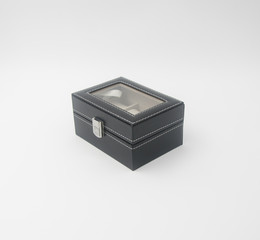 jewelry box or black leather jewelery box on background.