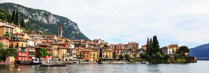 Fototapeta na wymiar Picturesque Panorama view of beautiful Varenna Town, Lake Como, Lombardy, Italy, Europe.