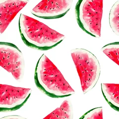 Wall murals Watermelon Watermelon watercolor seamless pattern. Bright tropical fruit isolated on white background, hand-drawn design for background, wallpaper, textile, wrap and etc.