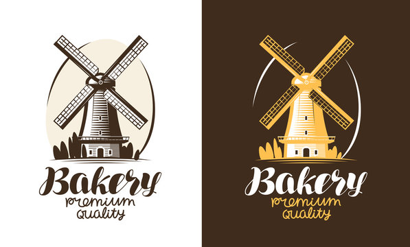Bakery, bakehouse, bread logo or label. Mill, windmill icon. Handwritten lettering vector illustration