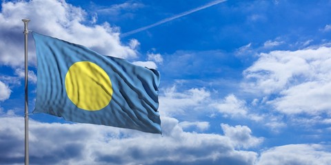 Palau waving flag on blue sky. 3d illustration