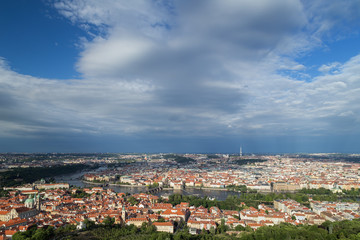 Fototapeta premium View of the Mala Strana (Lesser Town) and Old Town districts and beyond in Prague, Czech Republic, from above. Copy space.