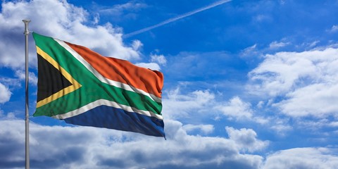 South Africa waving flag on blue sky. 3d illustration