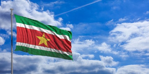 Suriname waving flag on blue sky. 3d illustration