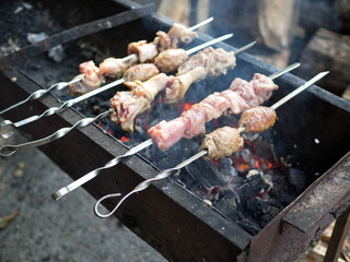 Shashlik (meaning skewered meat) was originally made of lamb. Nowadays it is also made of pork or beef depending on local preferences and religious observances. Russia, Jule, 2017