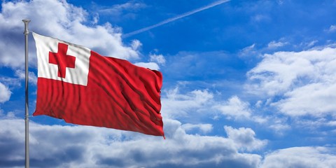Tonga waving flag on blue sky. 3d illustration