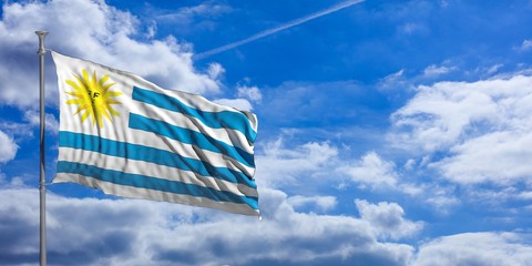 Uruguay waving flag on blue sky. 3d illustration